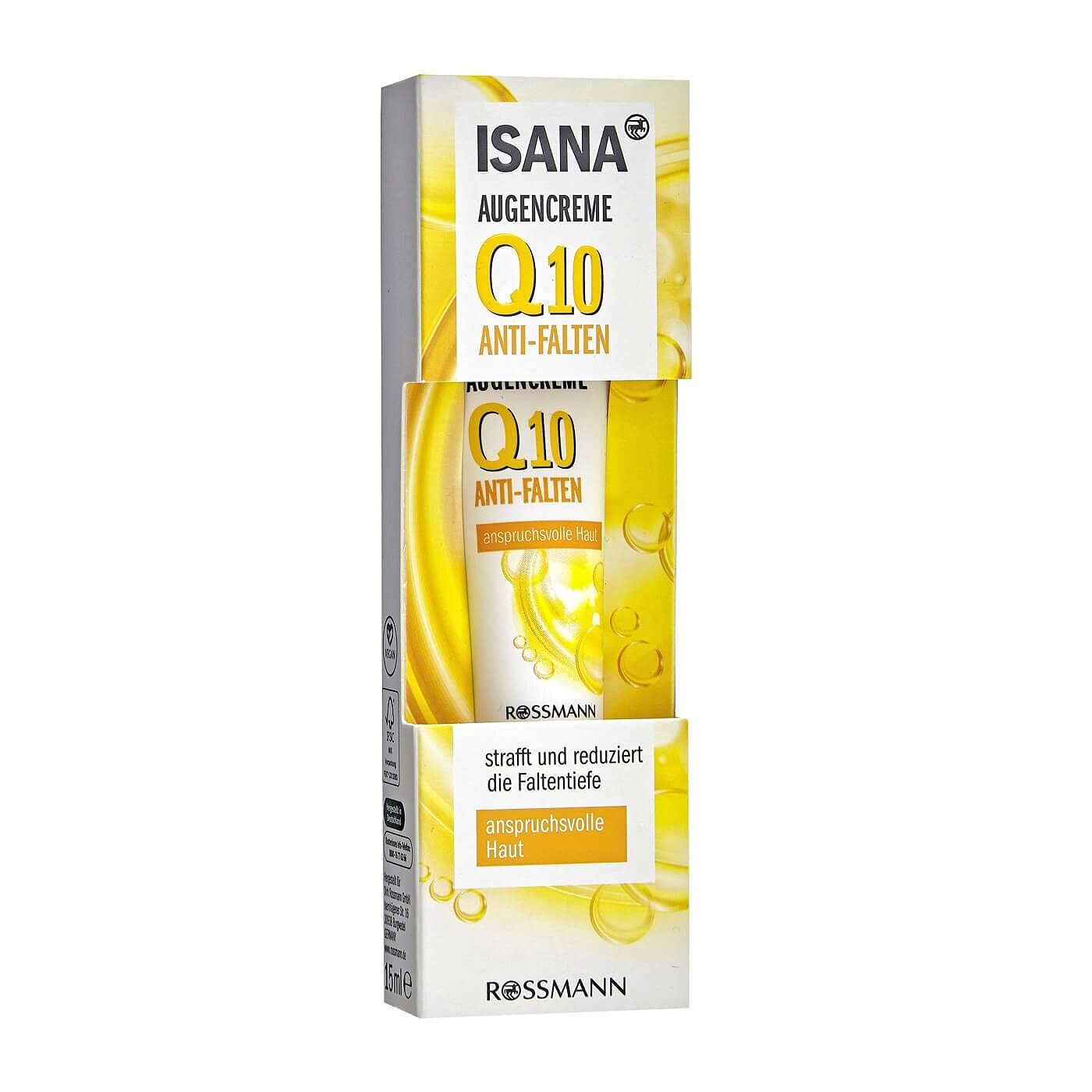 ISANA Q10 Augencreme 15 ml für anspruchsvolle Haut, Q10 & Corneosticker DS, reduziert die Faltentiefe*Aqua, Glycerin, Ethylhexyl Isononanoate, Methyl Glucose Sesquistearate, Glycine Soja Oil, Pantheno