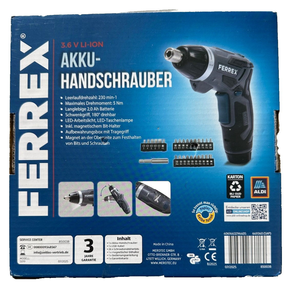 Ferrex Akku Handschrauber, inkl. Akku, Bits, Box, 3.6V LI-ION, 2 Ah, neu&ovp