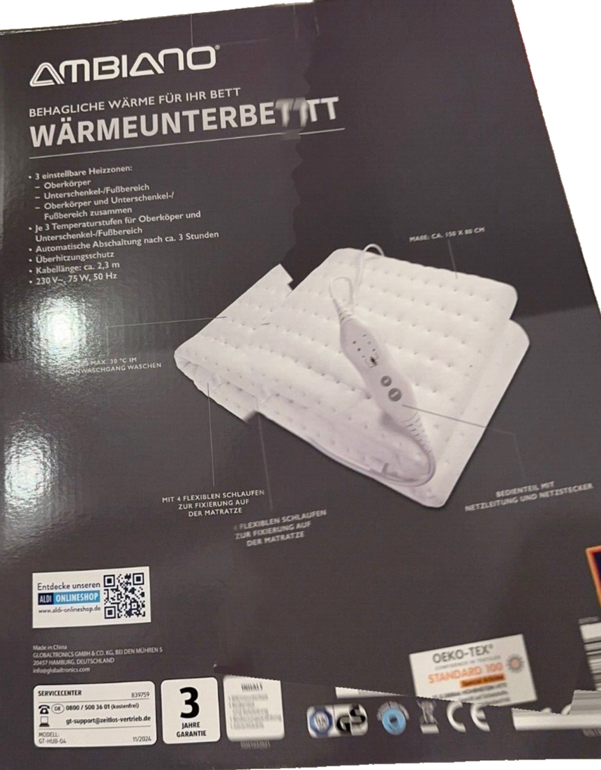 AMBIANO Wärmeunterbett, 150x80 cm, 3x Temperaturstufen, 3x Heizzonen, neu&ovp