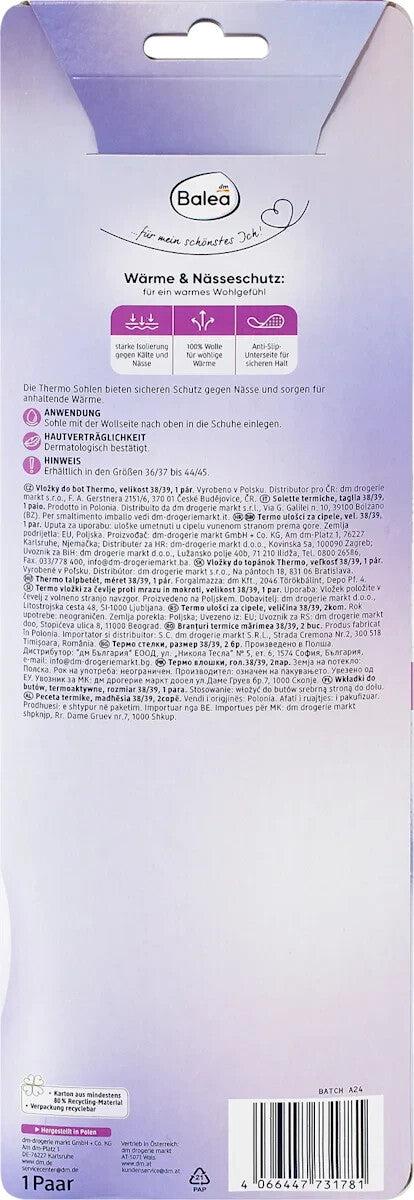 Balea Einlegesohlen Thermo Gr. 37/38 (1 Paar), 100% Wolle, Ali-ISO-Schicht, neu