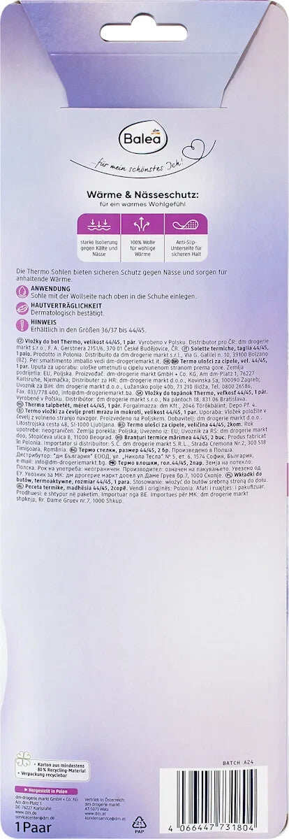 Balea Einlegesohlen Thermo Gr. 44/45 (1 Paar), 100% Wolle, Ali-ISO-Schicht, neu