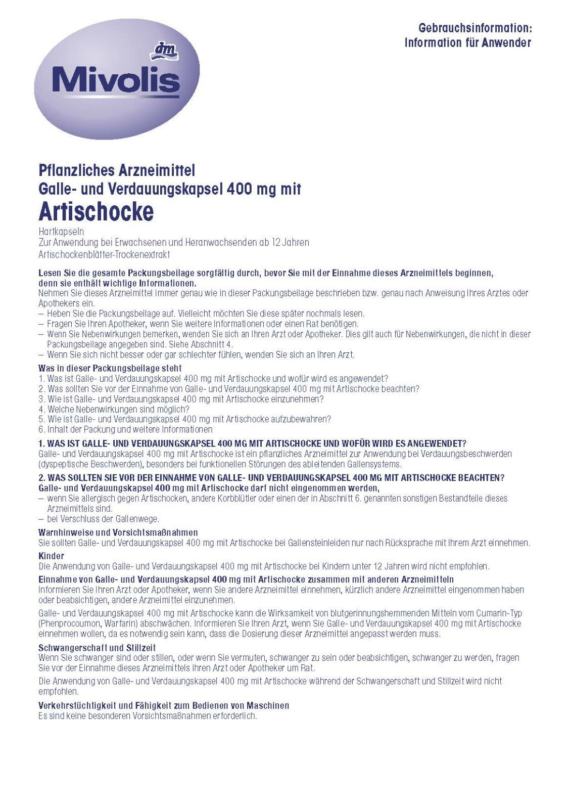 Mivolis Galle- und Verdauungskapsel 400 mg mit Artischocke, 60 St, neu&ovp