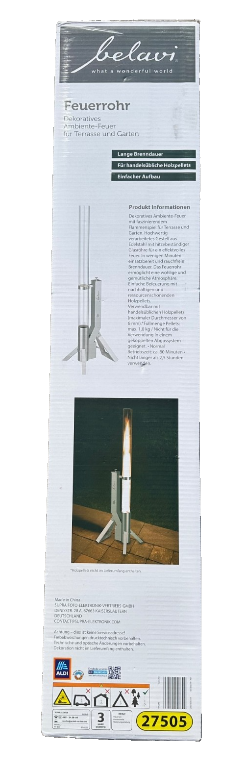 Belavi Ambiente Feuerrohr Feuersäule, Edelstahl, Sicherheitsglas, neu&ovp