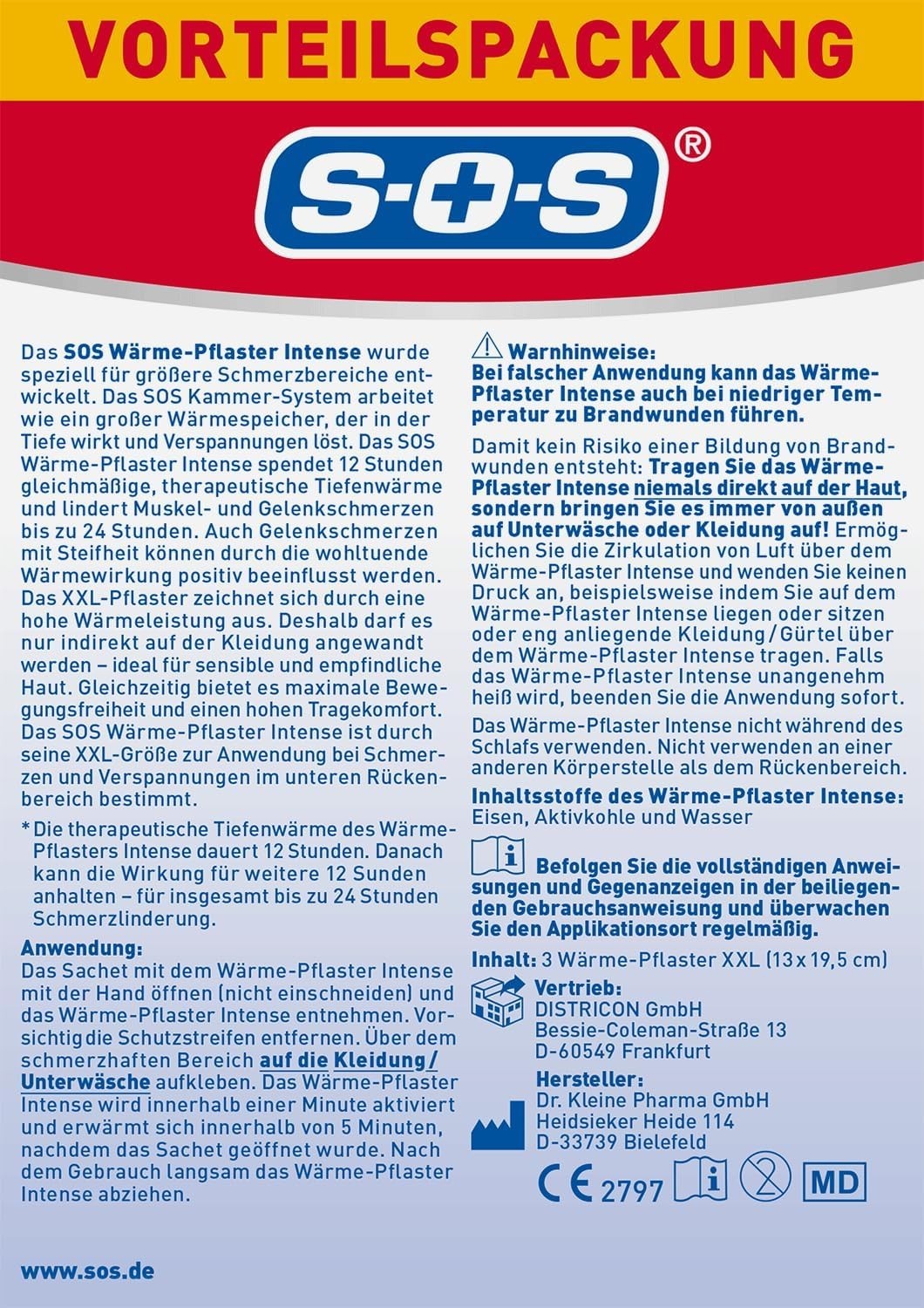 SOS Wärme-Pflaster INTENSE, XXL Wärmepflaster für Rückenschmen,1x3 Stk., neu&ovp