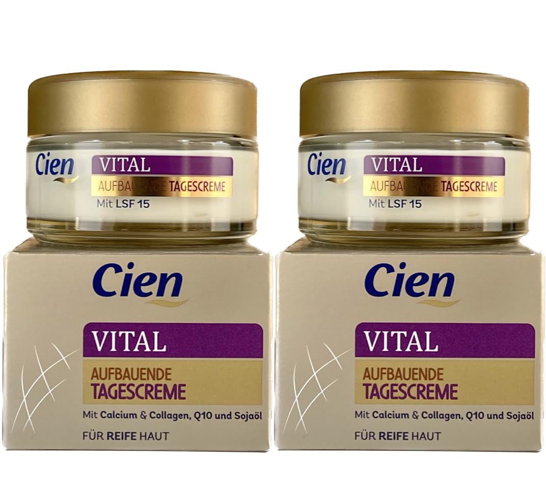 Cien 2er-Set Hautpflege: VITAL Aufbauende Tagescreme für reife Haut reichhaltige Pflege & intensive Feuchtigkeit, Creme mit Calcium, Collagen, Q10, Sojaöl, optimaler Schutz LSF 15 (2 x 50 ml), 100 ml
