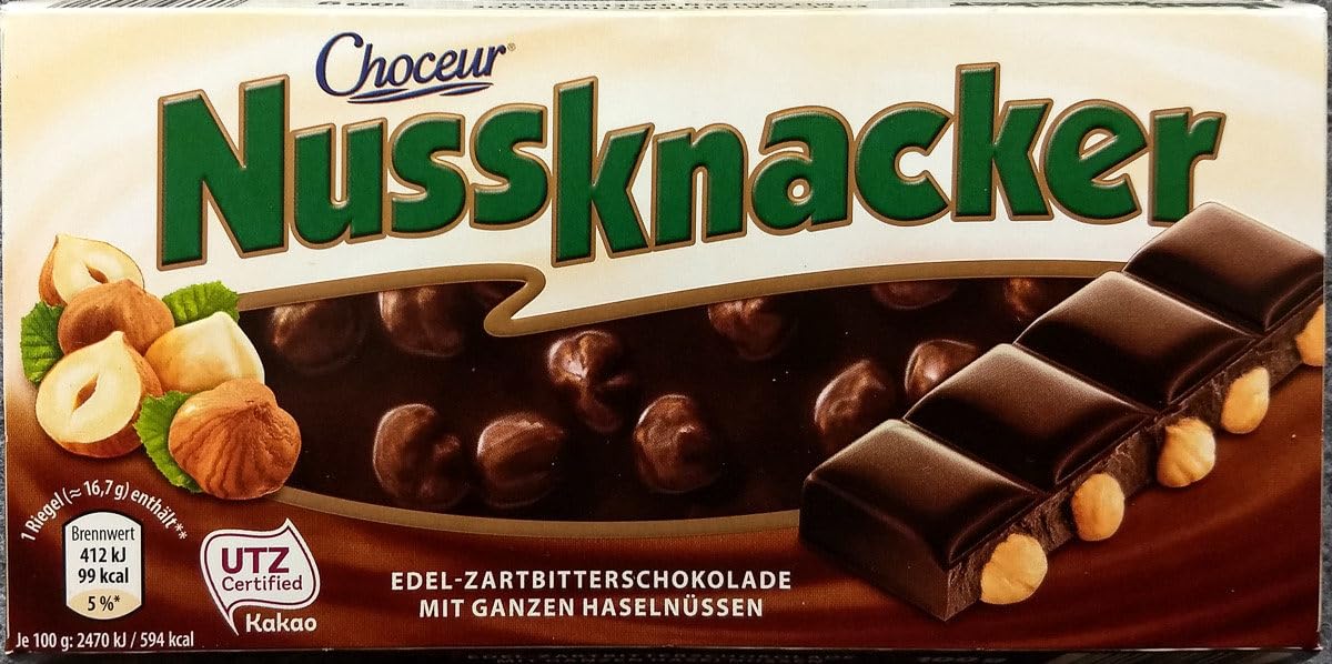 CHOCEUR Nussknacker Zartbitter 100g - Tafel Zartbitterschokolade mit knackigen Haselnüssen - Intensiver und hochwertiger Genuss