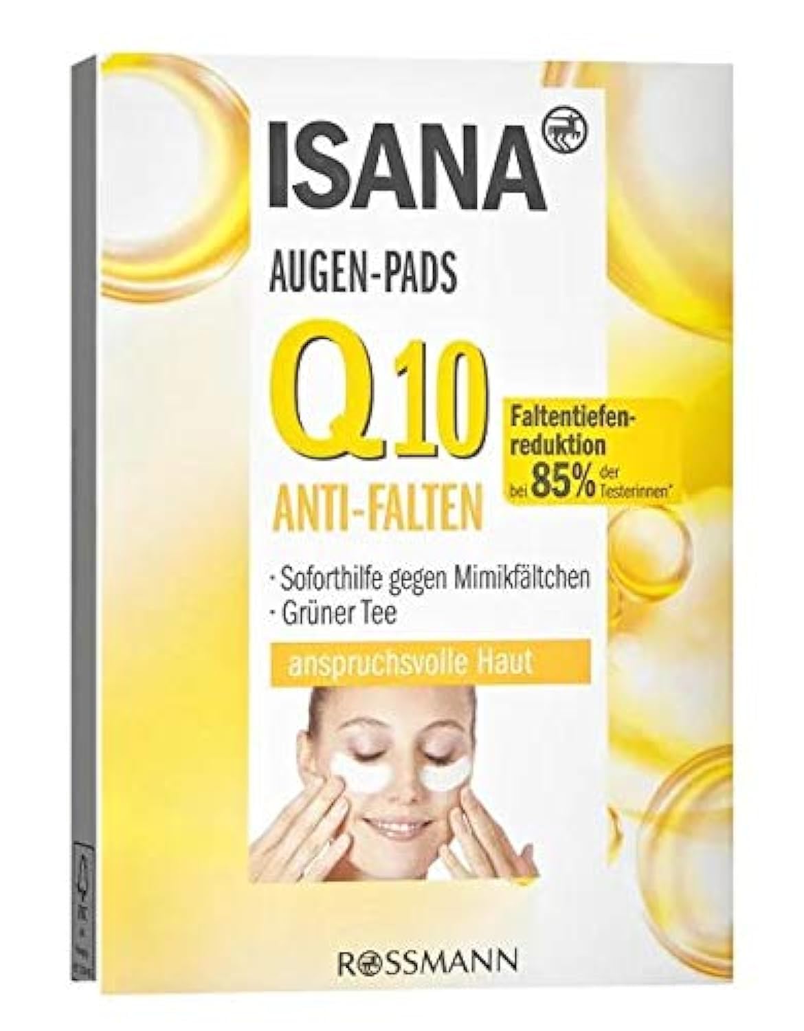 ISANA Q10 Augenkonturenpads 1 Packung mit 6x2 Pads für anspruchsvolle Haut, soforthilfe gegen Mimikfältchen, reduziert die Faltentiefe nachweislich*, vitalisierend, Q10 & grünerTee-Extrakt