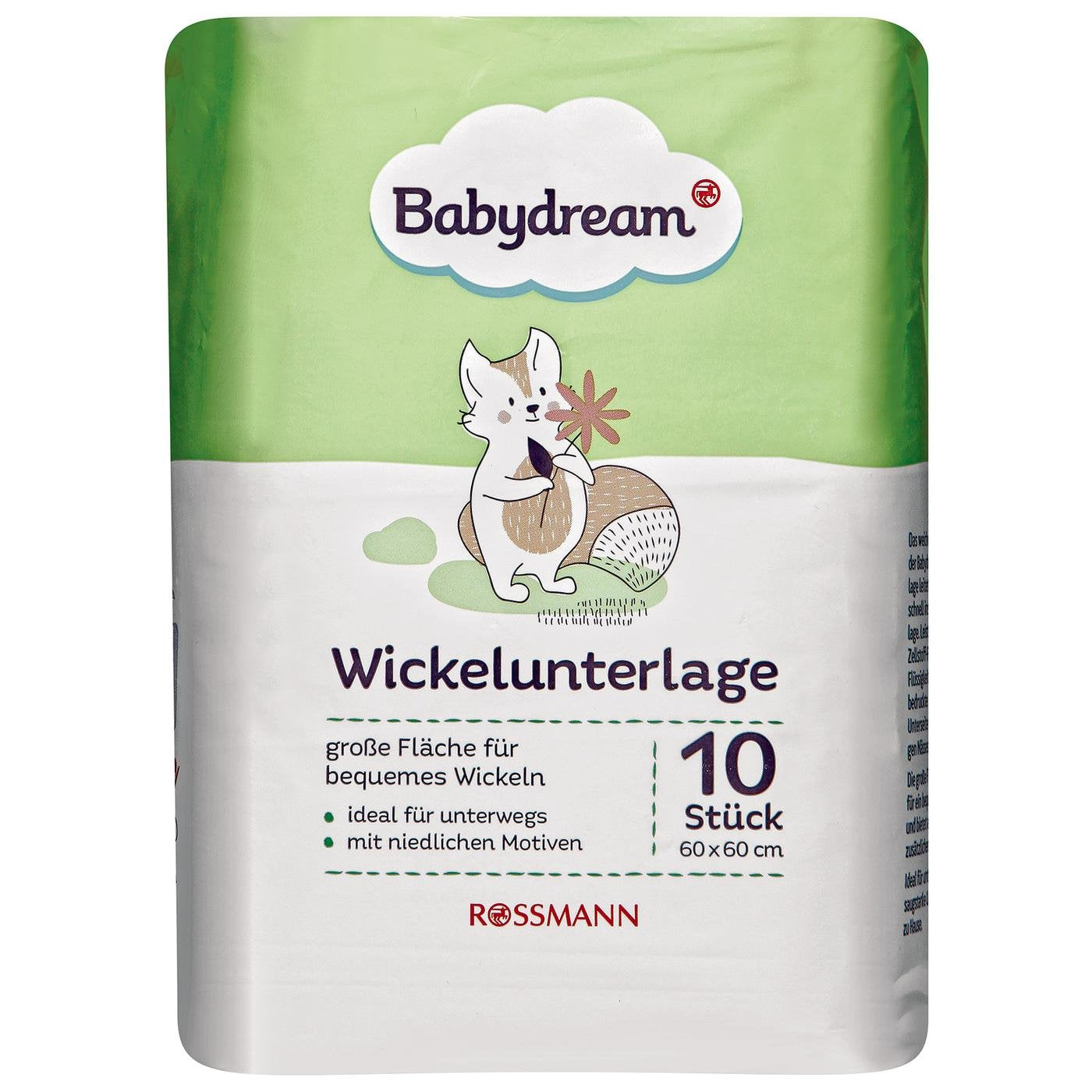 Babydream Wickelunterlage 1 x 10 Stück große Fläche für bequemes Wickeln, ideal für unterwegs, mit niedlichen Motiven, Maße: ca. 60/60 cm