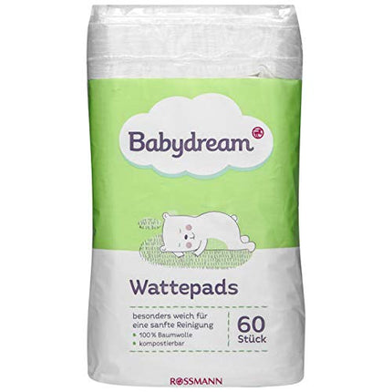 Babydream vates plāksnītes, 60 gabali, īpaši mīkstas saudzīgai tīrīšanai, 100% kokvilna, kompostējamas