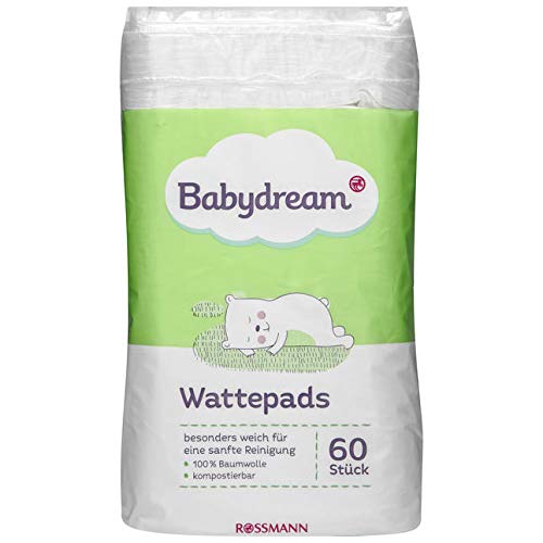Babydream Wattepads 60 Stück besonders weich für eine sanfte Reinigung, 100% Baumwolle, kompostierbar