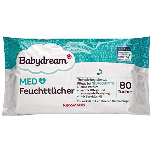 Babydream Med Feuchttücher 80 Stück Therapie begleitende Pflege bei Neurodermitis, ohne Parfüm, sanfte Pflege & schonende Reinigung, mit Sanddornöl, entwickelt mit erfahrenen Dermatologen
