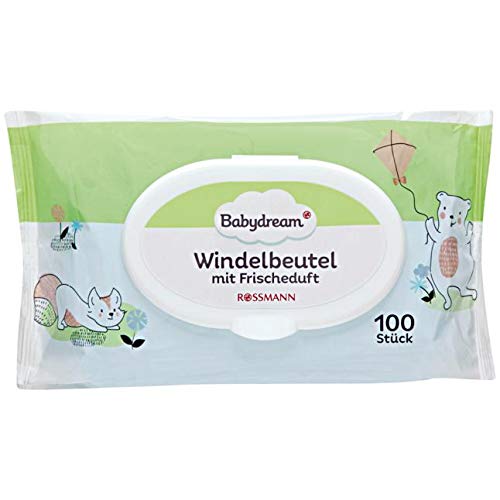 Dreambaby Windelbeutel mit Frischeduft - 100 Stück, ideal für zu Hause & unterwegs, dezenter Frischeduft überdeckt unangenehme Gerüche, sicher zu verschließen durch praktische Griffe