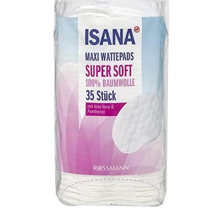Isana Maxi vates plāksnītes Super Soft: 35 gabali, 100% kokvilna, balinātas ar skābekli, mīksta un nepūkojoša virsma, ideāli piemērotas losjonu uzklāšanai un kosmētikas noņemšanai, taisnstūrveida, dabīgas