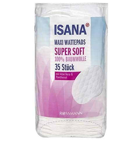 Isana Maxi Wattepads Super Soft: 35 Stück, 100% Baumwolle, sauerstoffgebleicht, weiche und fusselfreie Oberfläche, perfekt für das Auftragen von Lotionen und zum Abschminken, rechteckig, natürlich