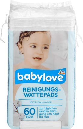 Babylove Reinigungswattepads, 60 Stück, Hautreinigungstuch, Wattepad, Chlorfrei, Baumwolle, Rechteckig