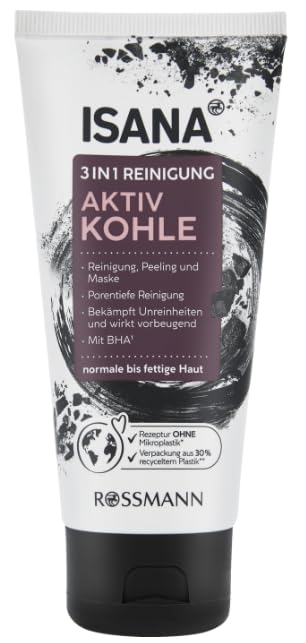 ISANA Aktiv Kohle Peeling Gel 75 ml für jeden Hauttyp, mit Aprikosen-Extrakt & Pro-Vitamin B5, Peelingkörper natürlichen Ursprungs