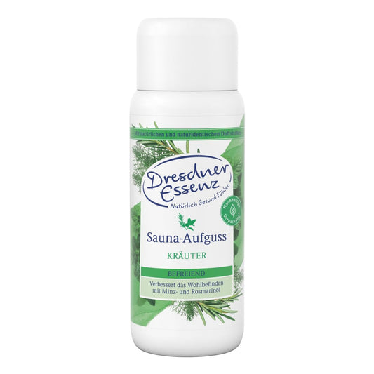 Dresdner Essenz Sauna-Aufguss Kräuter 250 ml | frisch-aromatische Sauna mit Bitterfenchelöl und Rosmarinöl | befreiende Pflege durch Eukalyptusöl und Orangenöl | vegan