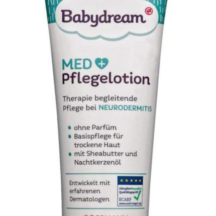 Babydream MED Pflegelotion, begleitende Pflege bei Neurodermitis, ohne Parfüm, Basispflege für trockene Haut, mit Sheabutter & Nachtkerzenöl, 200 ml