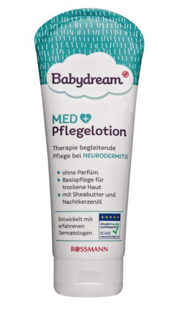 Babydream MED Pflegelotion, begleitende Pflege bei Neurodermitis, ohne Parfüm, Basispflege für trockene Haut, mit Sheabutter & Nachtkerzenöl, 200 ml