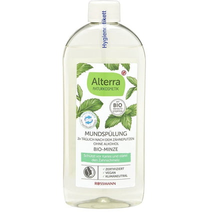 Alterra Organic Mint mutes skalošanas līdzeklis, 450 ml, aizsargā pret aplikumu un zobakmeni, aizsargā pret kariesu un stiprina zobu emalju, ar organisko smiltsērkšķu augļu ūdeni, bez alkohola, vegāns, sertificēta dabīgā kosmētika