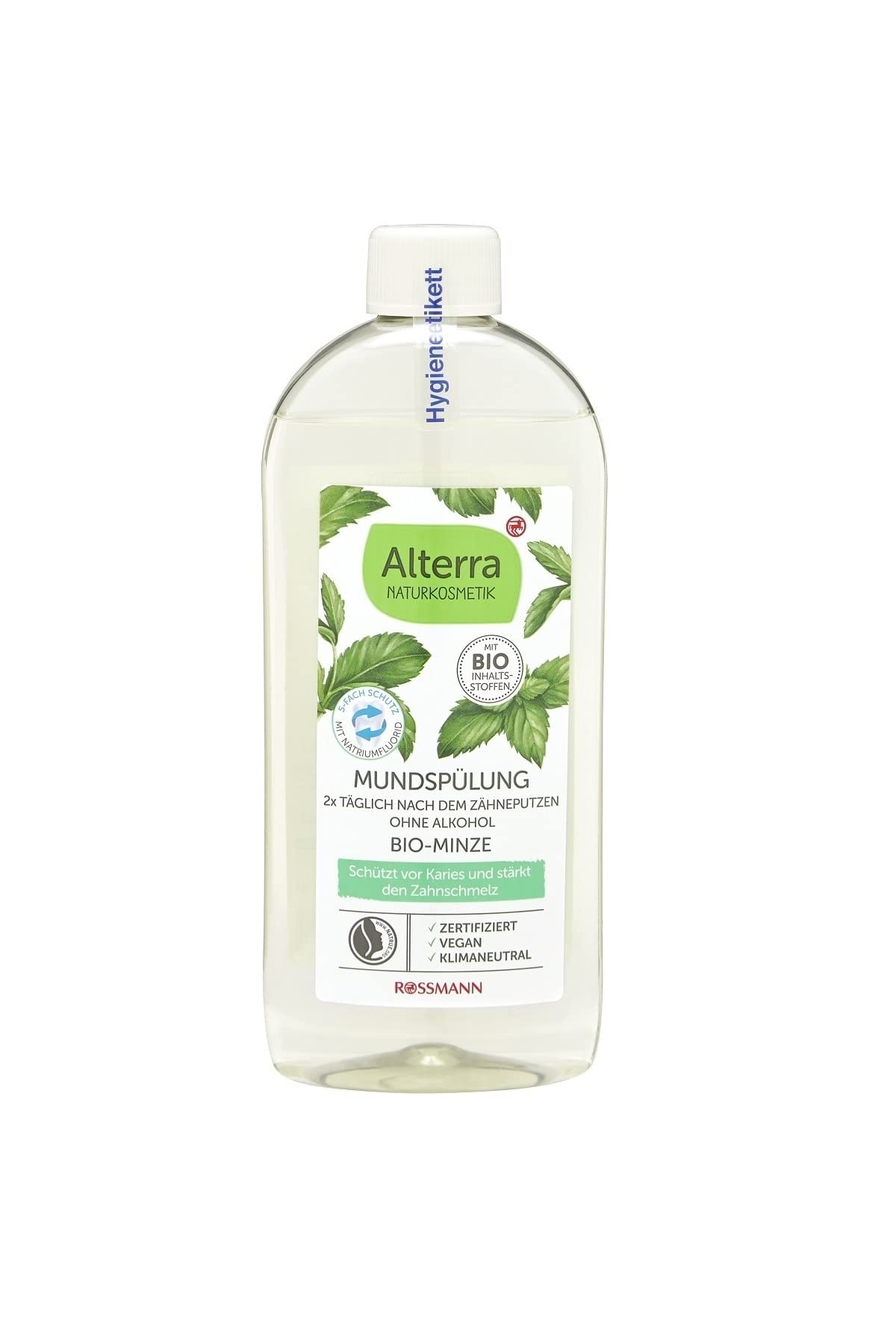 Alterra Organic Mint mutes skalošanas līdzeklis, 450 ml, aizsargā pret aplikumu un zobakmeni, aizsargā pret kariesu un stiprina zobu emalju, ar organisko smiltsērkšķu augļu ūdeni, bez alkohola, vegāns, sertificēta dabīgā kosmētika
