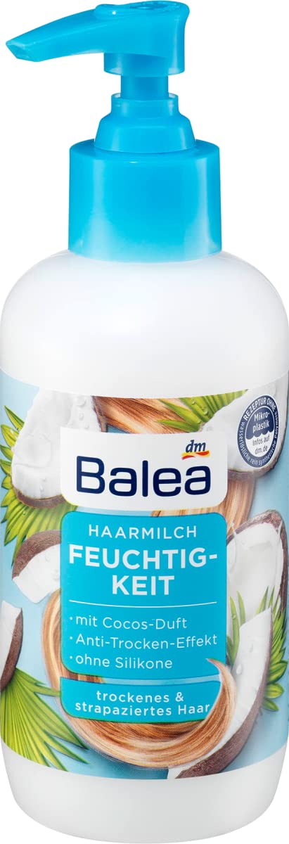 Balea Haarmilch Feuchtigkeit, 200 mL/Für trockenes und strapaziertes Haar/Anti-Trocken-Effekt/Mit Cocos-Duft/Ohne Silikone/Hautverträglichkeit dermatologisch bestätigt