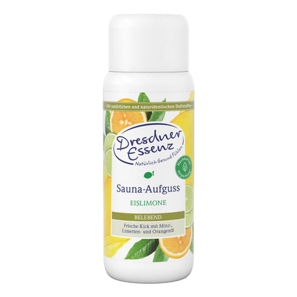 Dresdner Essenz Sauna Infusion Ice Lemon 250 ml | Svaiga, citrusaugļu pirts ar laima eļļu | Uzmundrinoša kopšana ar piparmētru un apelsīnu eļļām | Vegāns
