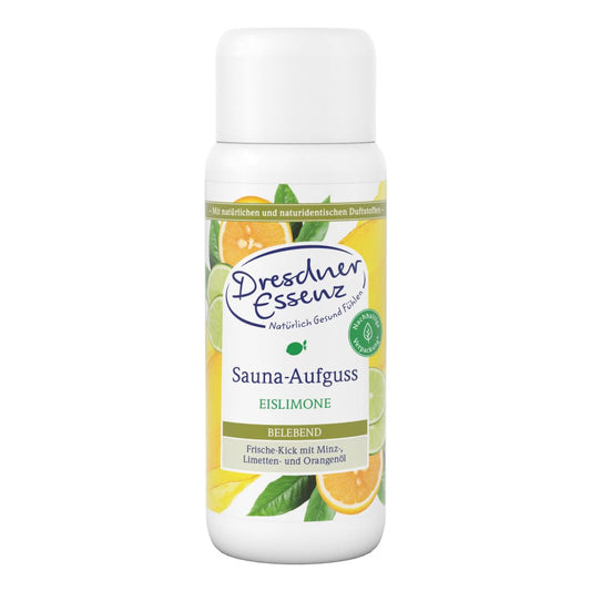Dresdner Essenz Sauna-Aufguss Eislimone 250 ml | frisch-zitrische Sauna mit Limettenöl | vitalisierende Pflege durch Minzöl und Orangenöl | vegan