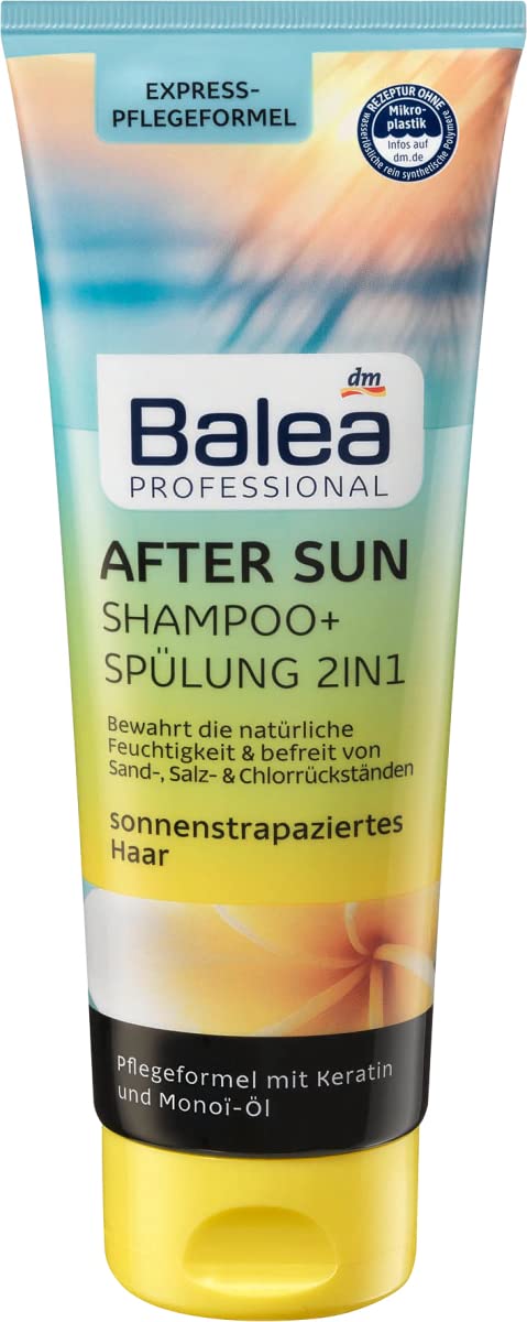Balea Professional šampūns + kondicionieris 2in1, līdzeklis pēc sauļošanās – saglabā dabisko mitrumu un noņem smilšu, sāls un hlora atlikumus, 250 ml