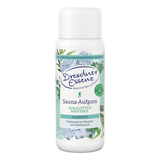 Dresdner Essenz Sauna-Aufguss Eukalyptus Menthol 250 ml | erfrischende Sauna mit Menthol- und Eukalyptusöl | befreiend und wohltuend für die Atemwege | vegan