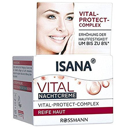كريم ISANA Vital Night Cream 50 ml للبشرة الناضجة، مع Vital-Protect-Complex، يزيد من تماسك البشرة بنسبة تصل إلى 8%*، متوافق مع البشرة ومؤكد من قبل أطباء الجلدية، محايد لدرجة الحموضة للبشرة، نباتي