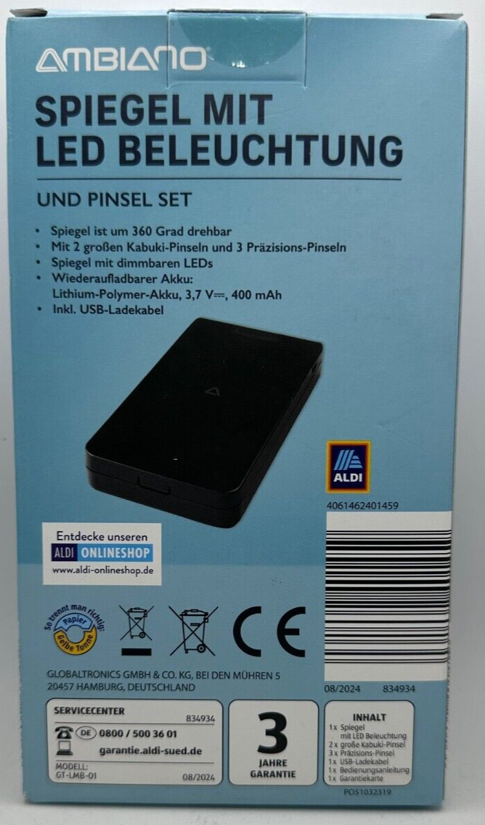 AMBIANO Faltbarer Kosmetikspiegel Pinsel Set mit LED Beleuchtung, aufladbar, Neu