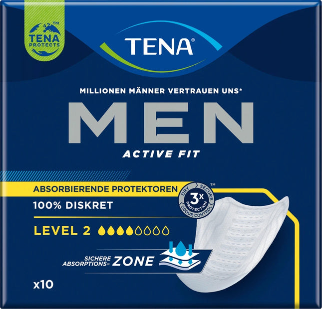 TENA MEN Active Fit 2. līmeņa absorbējošie ieliktņi urīna nesaturēšanai, 1 x 10 ieliktņi, jauni un aizzīmogoti