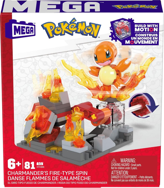 MEGA Pokémon Charmander's Fiery Spin, būvēšanas komplekts ar kustības akmeni, jauns un aizzīmogots