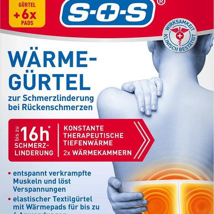 SOS Wärmegürtel, zur Schmerzlinderung bei Rückenschmerzen, 1x Gürtel + 6x Pads