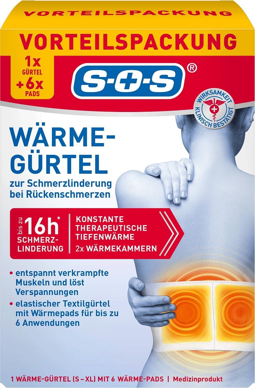 SOS Wärmegürtel, zur Schmerzlinderung bei Rückenschmerzen, 1x Gürtel + 6x Pads