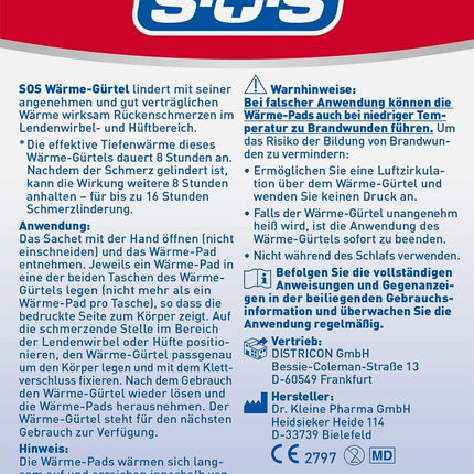 SOS Wärmegürtel, zur Schmerzlinderung bei Rückenschmerzen, 1x Gürtel + 6x Pads