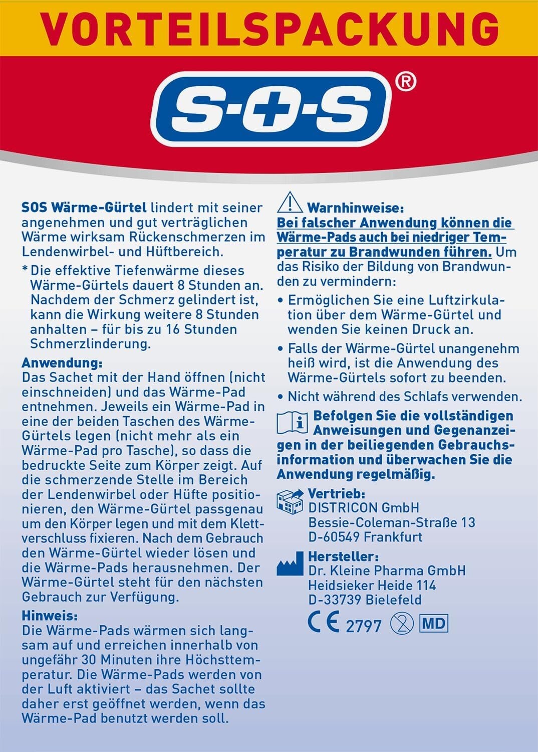 SOS Wärmegürtel, zur Schmerzlinderung bei Rückenschmerzen, 1x Gürtel + 6x Pads