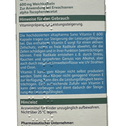 Altapharma Sano Vitamin E 600, 42 Kapseln, für Leistungsfähigkeitsteigerung, neu