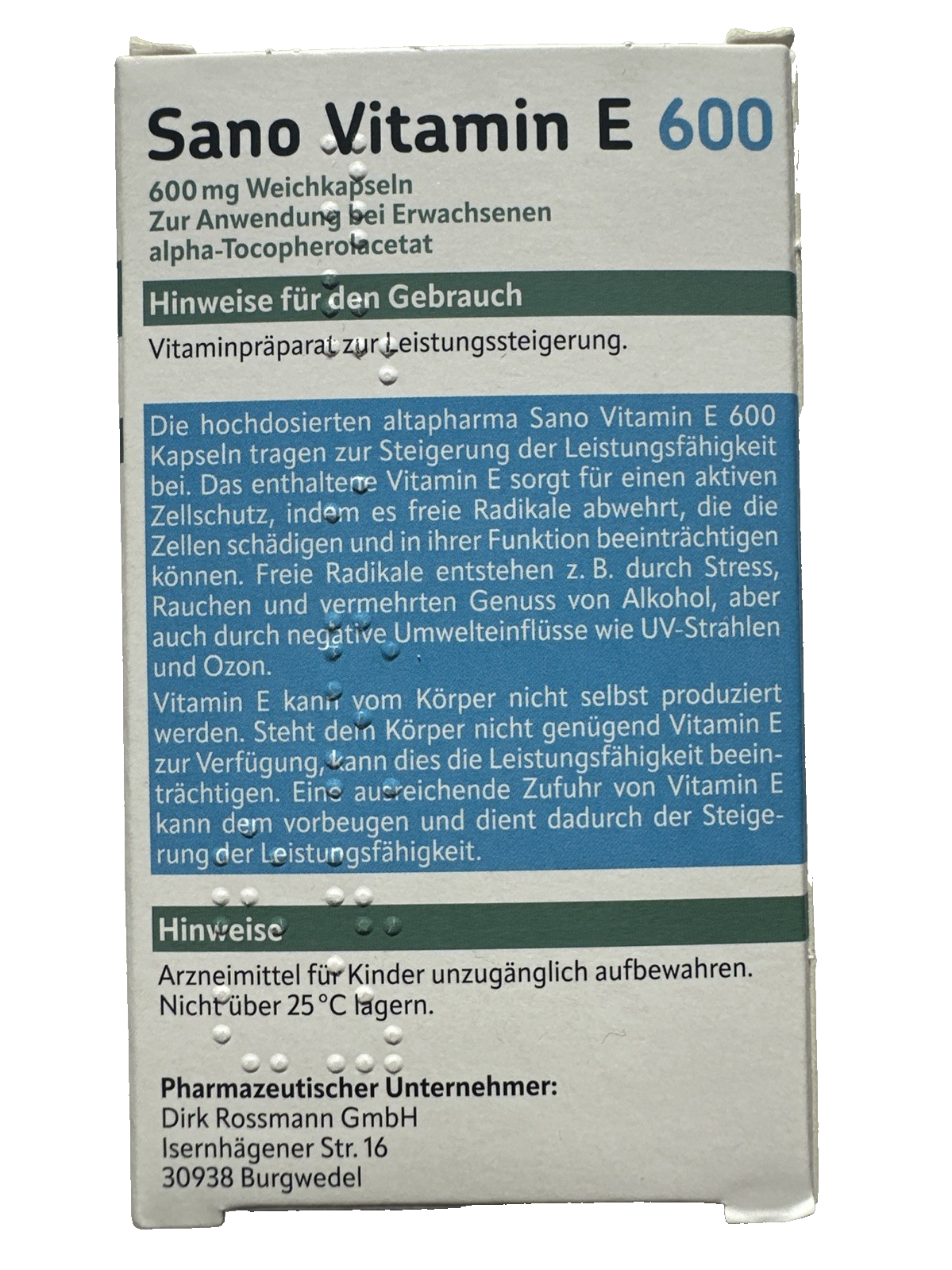 Altapharma Sano Vitamin E 600, 42 Kapseln, für Leistungsfähigkeitsteigerung, neu