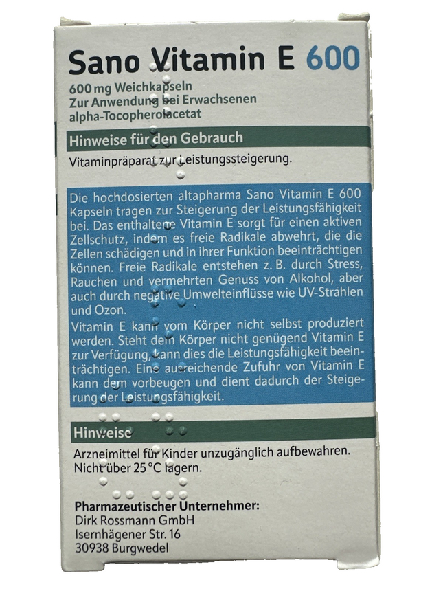 Altapharma Sano Vitamin E 600, 42 Kapseln, für Leistungsfähigkeitsteigerung, neu