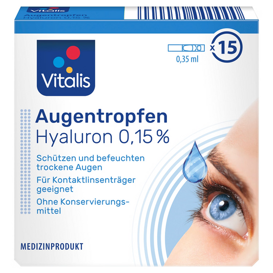 Vitalis acu pilieni, 0,15% hialuronskābe, bez konservantiem, 1 x 15 pilieni, jauni un aizzīmogoti
