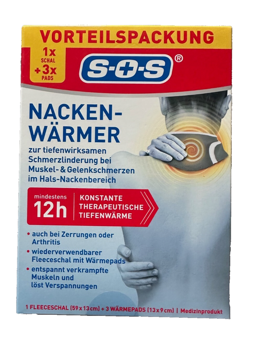 SOS Nackenwärmer, zur Schmerzlinderung im Hals-Nackenbereich, 1x Schal + 3x Pads