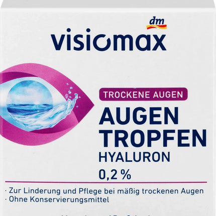 VISIOMAX acu pilieni ar 0,2% hialuronskābi, bez konservantiem, 1 x 15 pilieni, jauni