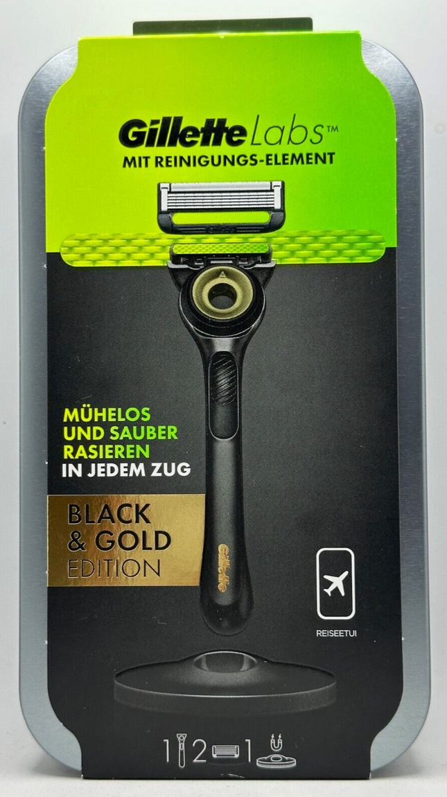Gillette Labs skuveklis + 2 asmeņi, melns un zelta komplekts, ceļojumu maciņš + magnētiskā dokstacija, JAUNS