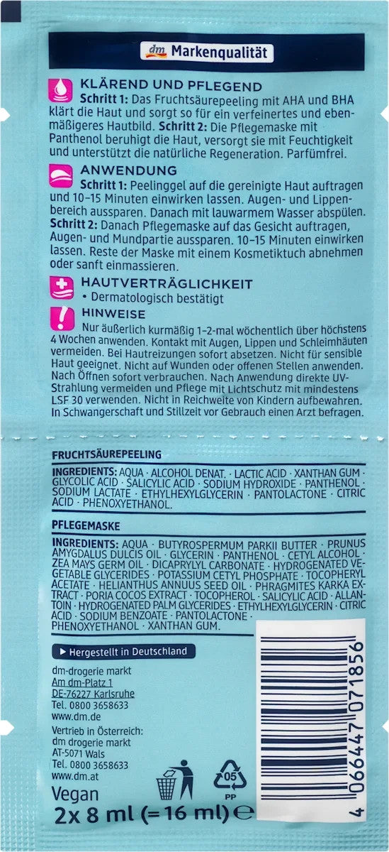 Balea Hautrein 2in1 Fruchtsäure Peeling & Pflegemaske, 2x2 Stück á 8 ml, neu