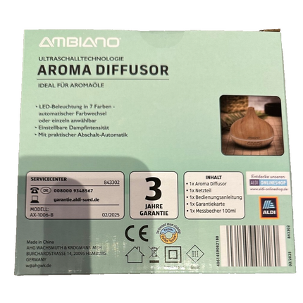 AMBIANO ultraskaņas aromdifuzors, LED apgaismojums, taimeris, jauns un noslēgts