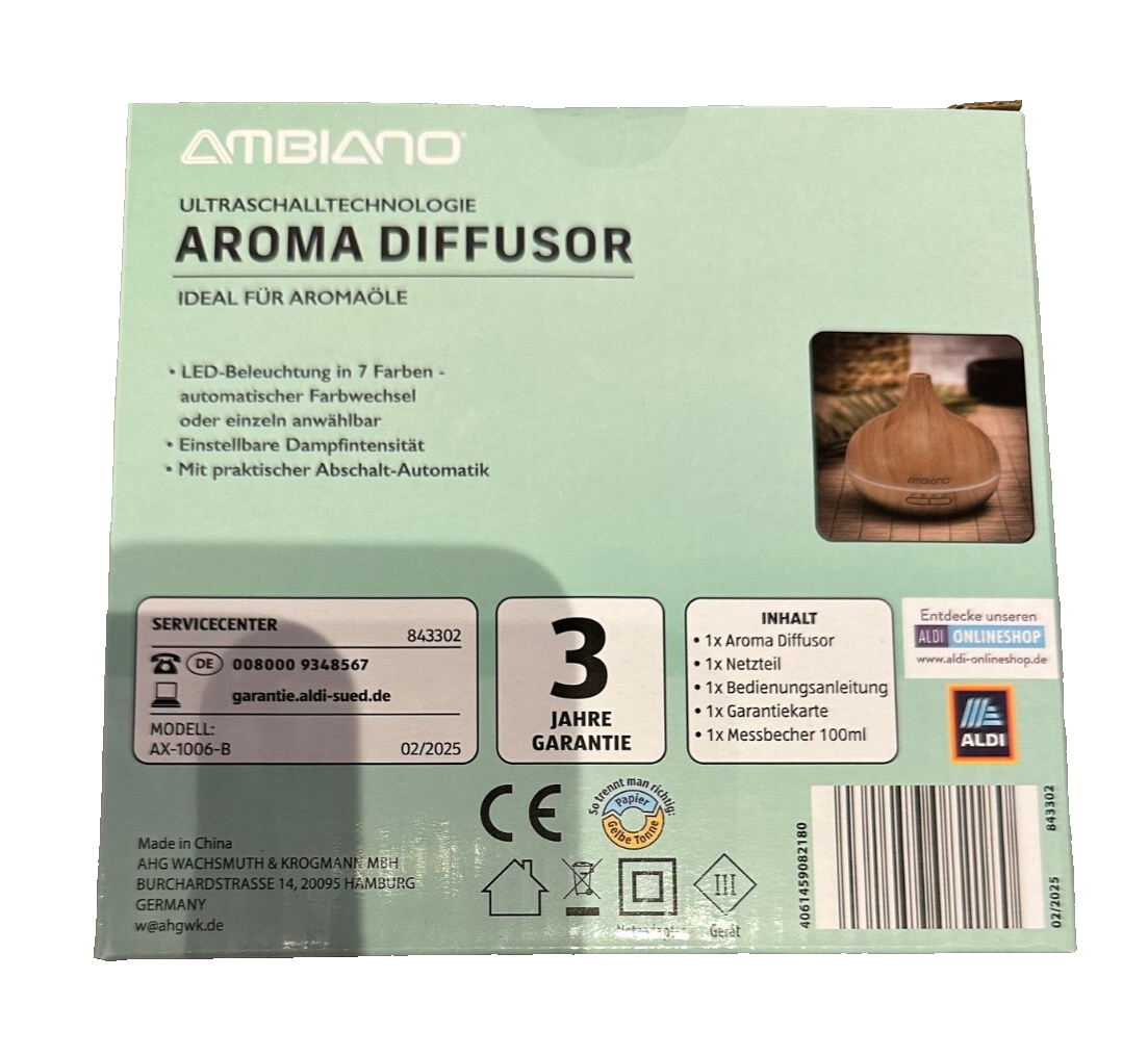 AMBIANO Ultraschall-Aroma-Diffusor, LED Beleuchtung, Timer, neu&ovp