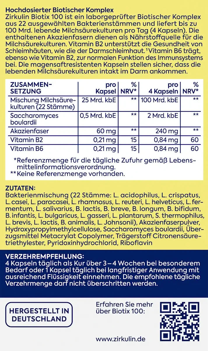 Zirkulin Biotix 100, ar B2 un B6 vitamīniem, 1 x 28 kapsulas, jaunas un aizzīmogotas