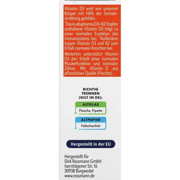 Altapharma Vitamin D3 + K2 Tropfen, 1500 I.E. pro Tag, für Immunsystem, neu&ovp